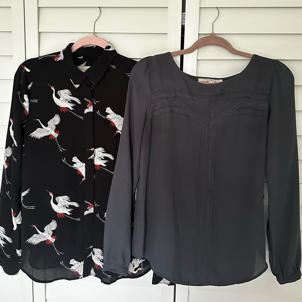 Ann Taylor Loft Blouse Top Button Down Crane Black Gray Bundle Small
